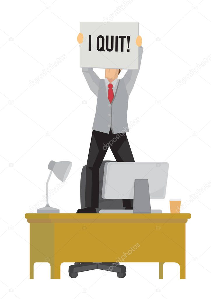 Business executive with Quiting signboard on top of his work desk. Concept of resignation, resignation, job corporate challenge and culture. Vector illustration.