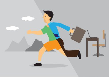 İş adamı ofisten boş zamanlara dönüşür. İş hayatı dengesi, dönüşüm ya da tatile çıkma kavramı. Vektör illüstrasyonu.