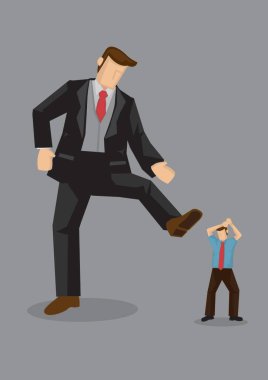 Dev gibi zengin bir adam daha küçük bir adamı ezmek için ayağını kaldırıyor. Gri arkaplanda izole edilmiş metafor üzerine yaratıcı vektör çizimi.