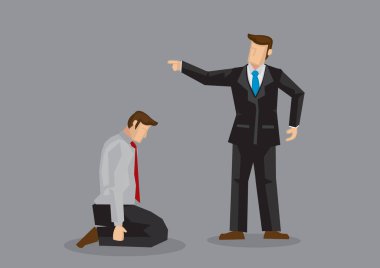 Vector illustration of business professional kneeling with head bow in front of another businessman in aggressive pointing gestures isolated on grey background.  clipart