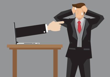 İş adamı çevrimiçi yorumlardan azarlanıyor. Kurumsal iletişim ya da ayrımcılık kavramı. Vektör izole illüstrasyonu.