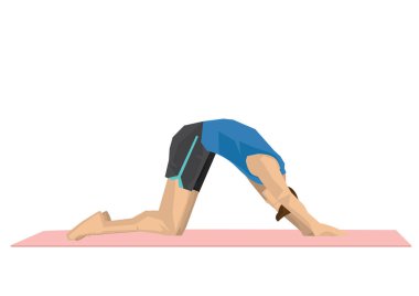 Güçlü bir adamın kedi pozuyla yoga yaptığı tasviri. Yoga sakinliği, rahatlama ve sağIık kavramı. Vektör illüstrasyonu