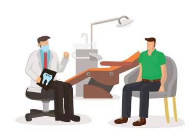 Diş hekimi, dişçi muayenehanesinde röntgen cihazı olan bir hastayla konuşuyor. Diş tedavisi konsepti. Düz vektör illüstrasyonu