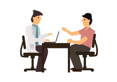 Doktor ve hasta hastanede masada konuşuyorlar. Tıbbi danışmanlık konsepti. Düz vektör illüstrasyonu