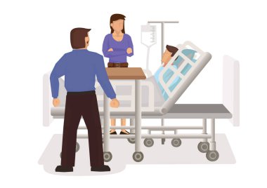 Arkadaşlar hastanede hasta bir hastayı ziyaret ediyor. Cerrahi kurtarma konsepti. Düz çizgi film karakter vektör çizimi.