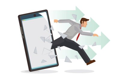 İşadamı akıllı telefon monitörünün yüzeyini kırıyor. İş, teknoloji, liderlik ya da piyasa buluşu kavramı. Düz çizgi film karakteri izole edilmiş vektör çizimi.