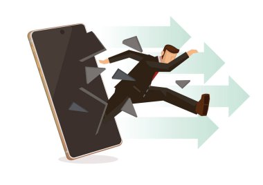 İşadamı akıllı telefon monitörünün yüzeyini kırıyor. İş, teknoloji, liderlik ya da piyasa buluşu kavramı. Düz çizgi film karakteri izole edilmiş vektör çizimi.