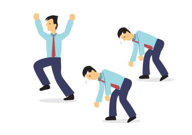 Diğer işadamları yorgun düşerken iş adamı sevinçten havalara uçuyor. Yenilik ya da farklılık kavramı. İzole edilmiş çizgi film vektör çizimi