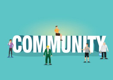 Dev yazı tipi topluluğunun etrafında oturan ve ayakta duran bir grup insan. Grup topluluğu ya da toplum birliği kavramı. Düz izole vektör illüstrasyonu.