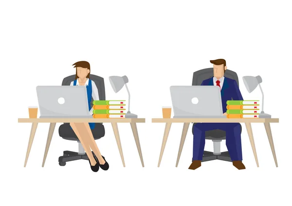 スーツを着たビジネスマンと女性がオフィスの作業机の上のノートパソコンで働いています 従業員の仕事の概念 ベクターイラスト — ストックベクタ