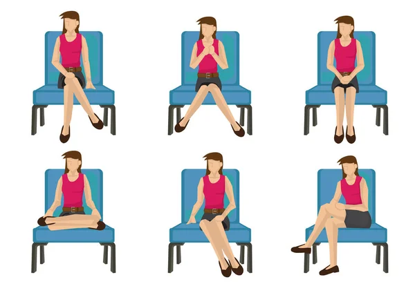 Набір Повсякденної Випадкової Жінки Різних Сидячих Положеннях Ізольовані Білому Тлі — стоковий вектор