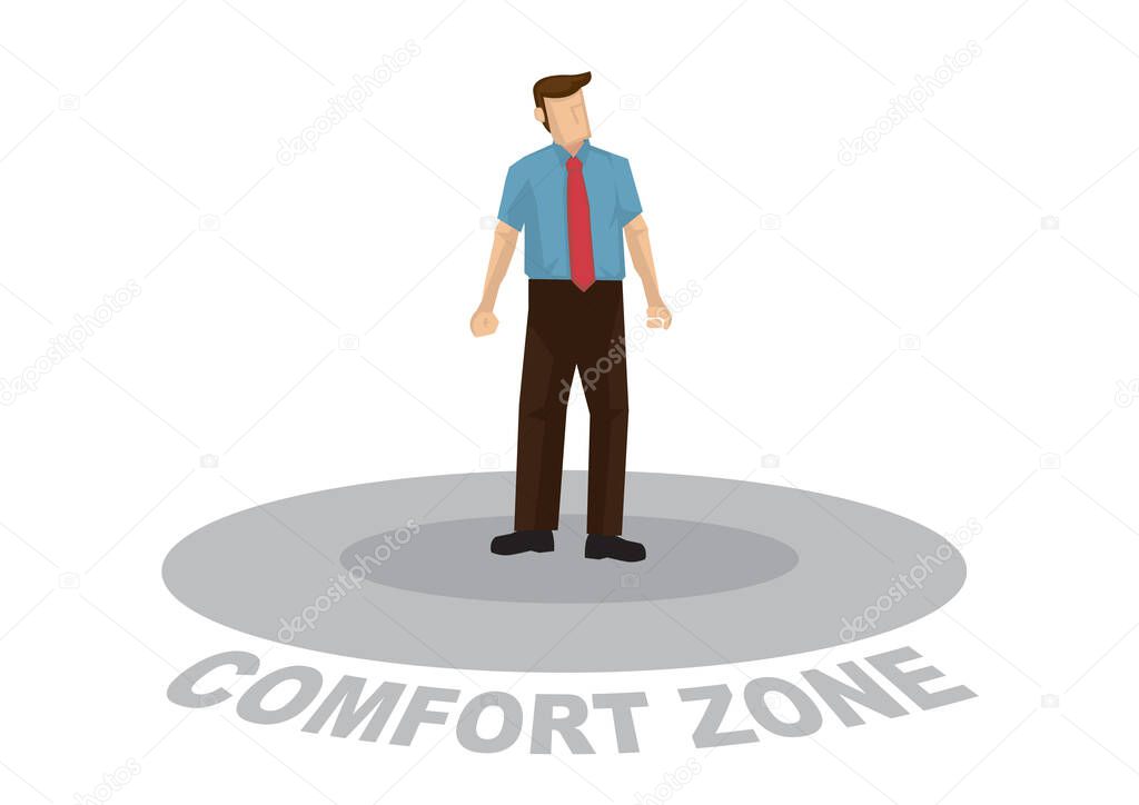Business man are too comfortable inside his comfort zone and do not want to get out. Concept of not improving and growth. Vector cartoon. illustration