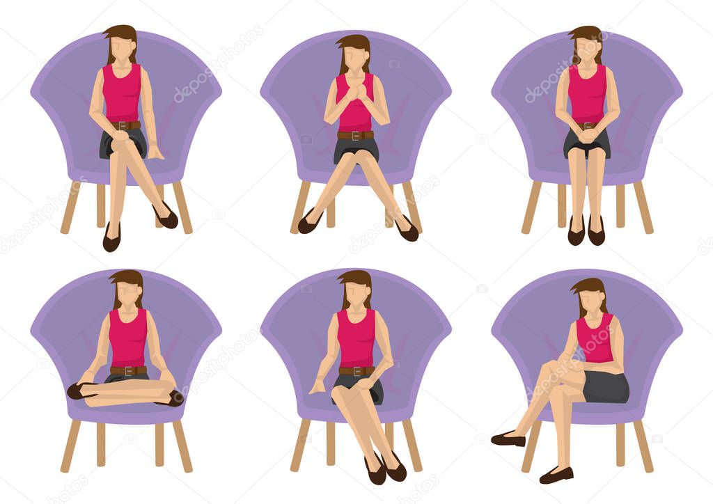 Set of full length casual woman in various sitting positions isolated on white background. Vector illustration design.