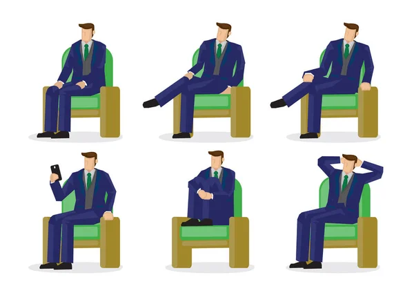 Set Van Zakelijke Personages Zes Zittende Posities Ontwerp Van Vectorillustraties — Stockvector