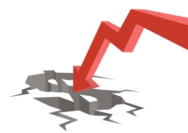 Kokain para sembollü dev bir ok. Fiyat düşüşü, iş indirimi, hisse senedi düşüşü veya durgunluk kavramı. Vektör illüstrasyonu.