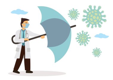 Doktor, Coronavirus 'a karşı kalkan olarak şemsiye kullanıyor. Virüs salgınından korunma ya da karantinaya alma ya da önleme riski. Vektör illüstrasyonu.