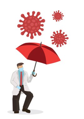 Doktor, Coronavirus 'a karşı kalkan olarak şemsiye kullanıyor. Virüs salgınından korunma ya da karantinaya alma ya da önleme riski. Vektör illüstrasyonu.