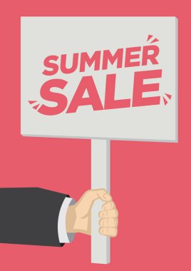 Perakende satış promosyonu kırmızı arka planda pankartla bağırıyor. Satış, tüketim ya da pazarlama kavramı. Düz vektör illüstrasyonu. 