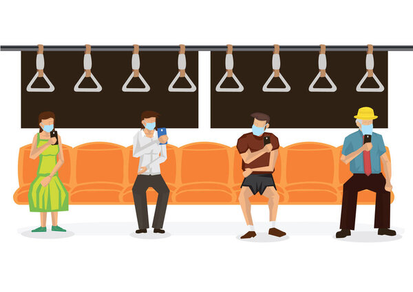 Социальное дистанцирование между людьми в поезде. Держите дистанцию, чтобы защитить от распространения коронавируса. Векторная иллюстрация.