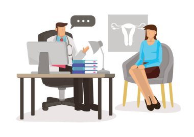 Jinekolog doktor, hastane odasında hastaya danışmanlık yapıyor. Düz çizgi film karakter vektör çizimi