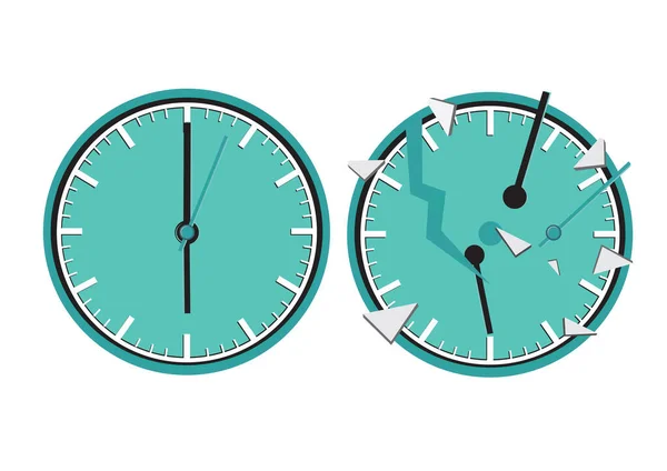 Two Clocks One Them Broken Concept Deadline Lack Time Carelessness — Stock Vector