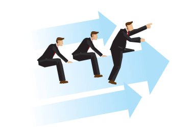İş dünyası lideri dev bir okun üzerinde oturur ve halkını beyaz bir arkaplanda kurumsal hedeflerine ulaştırır. İş liderliği, takım çalışması ve işbirliği kavramı. İzole vektör karikatür çizimi.