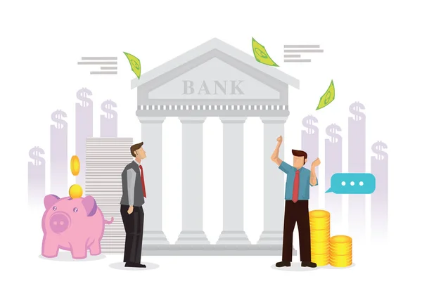 ビジネスマンと銀行の建物 銀行融資 金融サービスの概念 白い背景のベクトルフラットイラスト — ストックベクタ