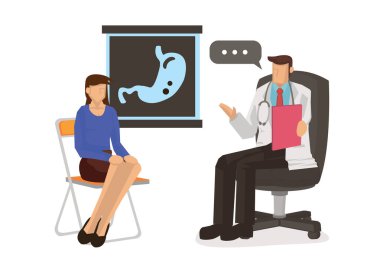 Kadın hasta, Doktor ile Gastroenteroloji Danışmanlığı yapıyor. Uzman, mide röntgeni çekilmesini tavsiye ediyor. Beyaz arkaplanda izole edilmiş düz çizgi film karakter vektör çizimi.