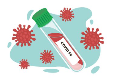 COVID-19 için kan örneği içeren test tüpü, Coronavirus testi. Test sonuçları Coronavirus Covid-19. Vektör illüstrasyonu.