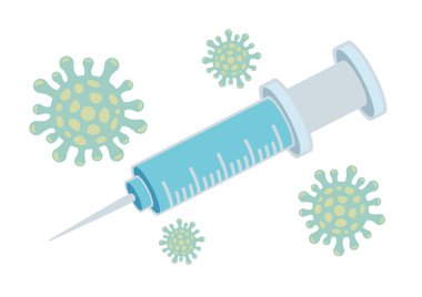 Coronavirus ile şırınga ve aşı tıbbi konsepti. Düz vektör çizimi beyaz arkaplanda izole edildi.