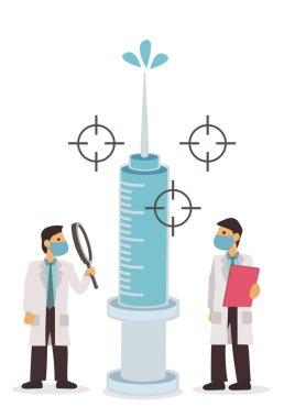 Doktor dev şırıngayı etiketliyor. Koronavirüs, şırınga ve aşı konsepti. Biyolojik tehlike. Vektör illüstrasyonu.
