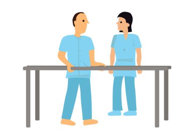 Rehabilitasyon terapisi sırasında yaşlı bir hastanın yanında duran fizyoterapist. Vektör illüstrasyonu