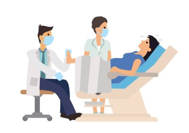 Doktor ve hemşire doğum yapan bir kadına yardım ediyorlar. Çocuk doğumu konsepti. Beyaz arkaplanda izole edilmiş düz çizgi film karakter vektör çizimi.