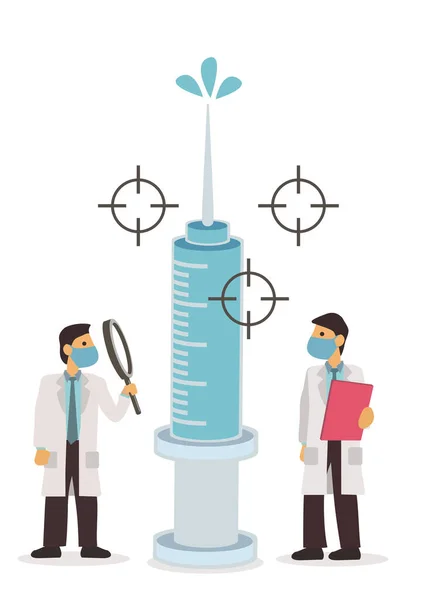 Doctor Tageting Giant Syringe Concept Coronavirus Injection Syringe Vaccine Biological — Stock Vector