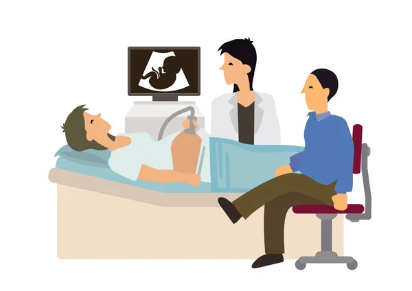 医生在医院给一个带着丈夫的孕妇做超声波检查 在年轻母亲的铃铛上的传感器 矢量说明 — 图库矢量图片