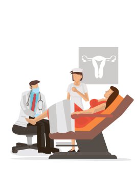 Jinekolog, jinekoloji muayene koltuğunda oturan hastayı muayene ediyor. Hamilelik kavramı, kadın, jinekoloji ya da kadın sağlığı. Vektör illüstrasyonu.