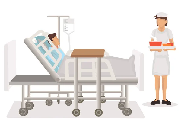 护士在医院病床上给病人送来的食物 平面卡通人物矢量图解孤立 — 图库矢量图片