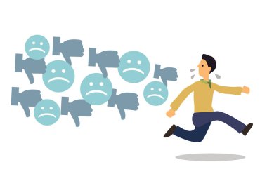 Adam hoşlanmayarak ve baş parmağıyla saldırıyor. Olumsuz değerlendirmeli siber zorbalık kavramı. Vektör illüstrasyonu.