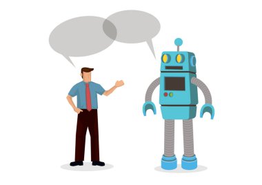 Robot bir ofis çalışanıyla konuşuyor. Otomasyon, gelecekteki iş piyasası ve yapay zeka. İnsan Robota Karşı kavramı. İzole vektör karikatür çizimi.
