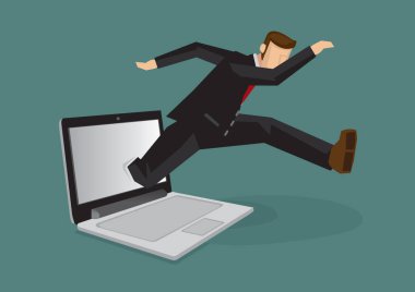 Dizüstü bilgisayardan çıkan bir iş adamının metaforu. İnternet bağlantısı kavramı, online başarı veya teknolojinin gelişimi. İzole vektör illüstrasyonu.