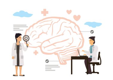 Bilim adamı ve doktor grup çalışması insan beyni laboratuvarında yapılıyor. Psikoloji, Tıbbi Araştırma konsepti. Düz Çizgi film Vektör İllüstrasyonu beyaz arkaplanda izole edildi.