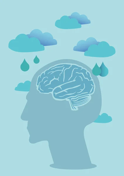 Diseño Gráfico Cerebro Humano Con Nubes Gotas Lluvia Psicología Concepto — Vector de stock