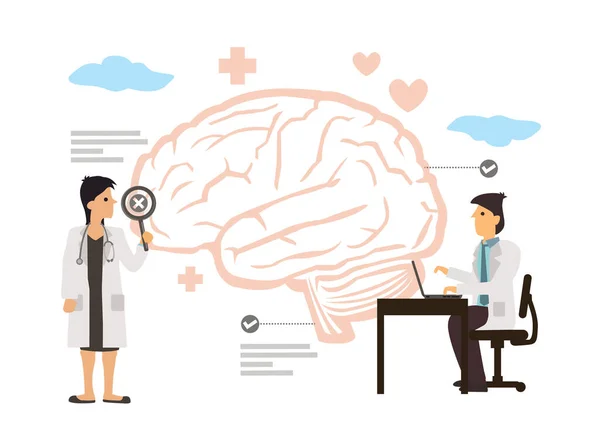 研究室で人間の脳の心に関する科学者や医師のグループ研究 心理学 医学研究の概念 白を基調としたフラット漫画ベクトルイラスト — ストックベクタ