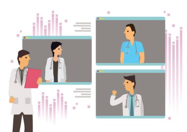 Çeşitli doktorlarla görüntülü görüşme. İş arkadaşlarıyla Webcam konferansında pratisyen hekimlerle ve hekimlerle online danışma tartışması. Vektör illüstrasyonu.