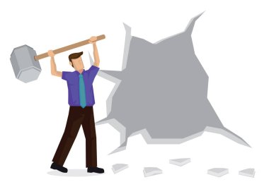 İş adamının duvarı yıktığı vektör illüstrasyonu. Özgürlük ve başarı için engelleri aşma kavramı.