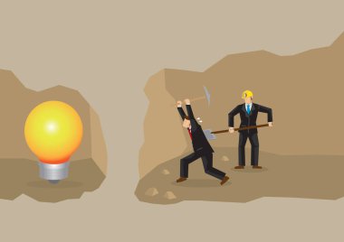 İşadamı hazinesini bulmak için toprağı kazıyor. Ne istediğini bulmak için iş çabası kavramı.