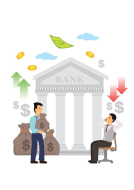 Banka hizmetlerini kullanan iş adamları. Çevrimiçi banka ödemeleri, işlemler, güvenli, tasarruf para transferleri, banka binaları, finans hizmetleri, beyaz arka planda izole vektör illüstrasyon.