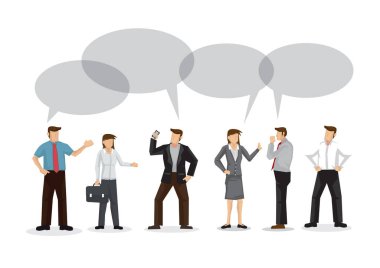 Bir grup iş adamı konuşma baloncuğuyla konuşuyor ve tartışıyorlar. Takım çalışması ve işbirliği kavramı. Vektör çizgi film illüstrasyonu.
