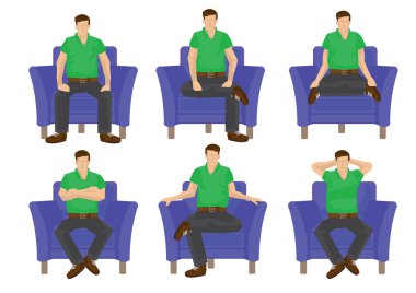 Beyaz arka planda izole edilmiş, çeşitli oturma pozisyonlarında tam uzunlukta sıradan bir adam. Vektör illüstrasyon tasarımı.