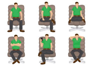 Beyaz arka planda izole edilmiş, çeşitli oturma pozisyonlarında tam uzunlukta sıradan bir adam. Vektör illüstrasyon tasarımı.